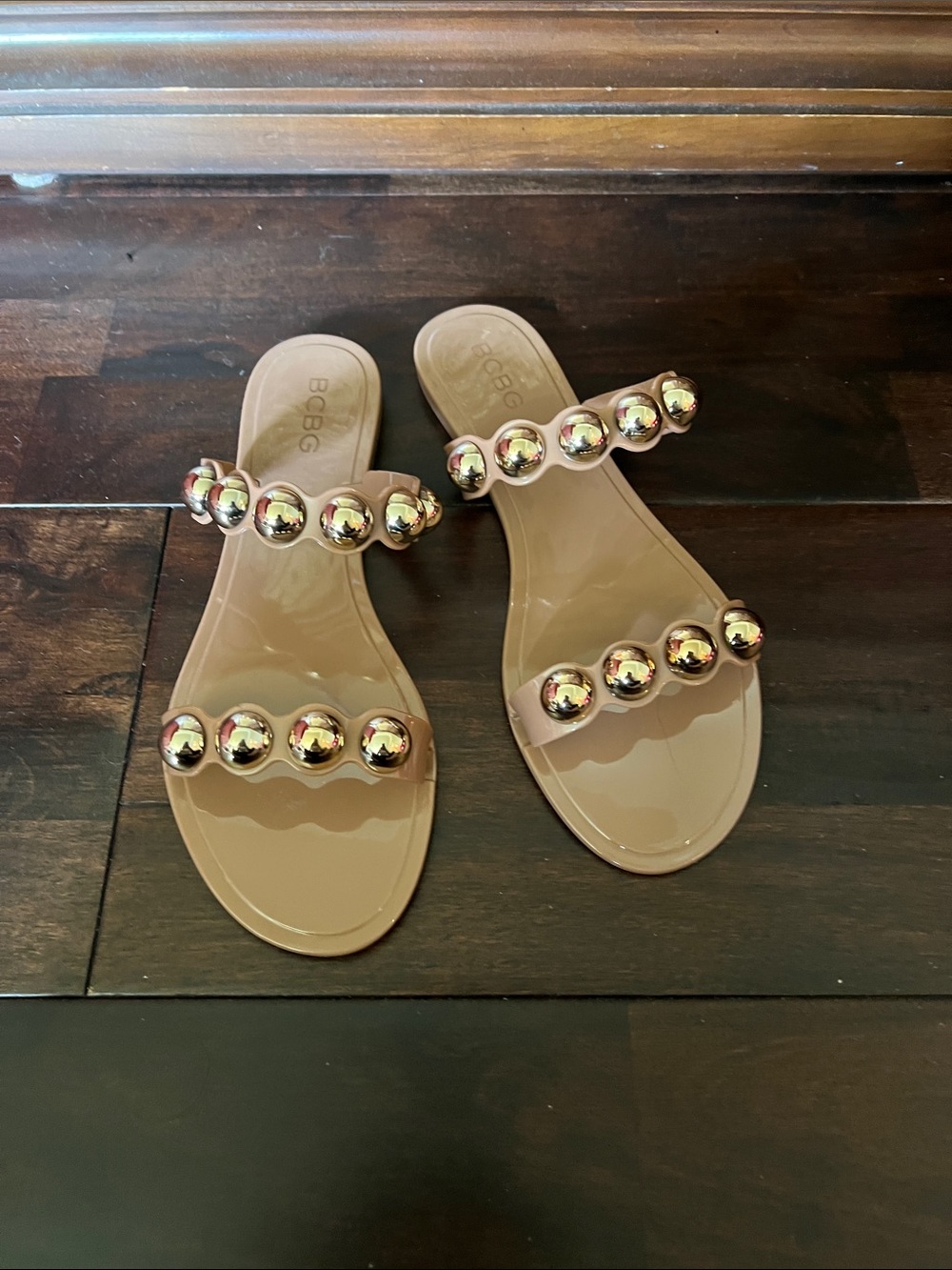 BCBG Nude Patent Slide Sandals with Gold Beaded Straps